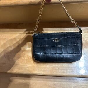 Nolita 19 Coach Black Croc-Embossed Wristlet with Gold Chain